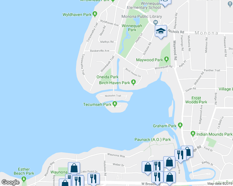 map of restaurants, bars, coffee shops, grocery stores, and more near 1205 Nishishin Trail in Monona