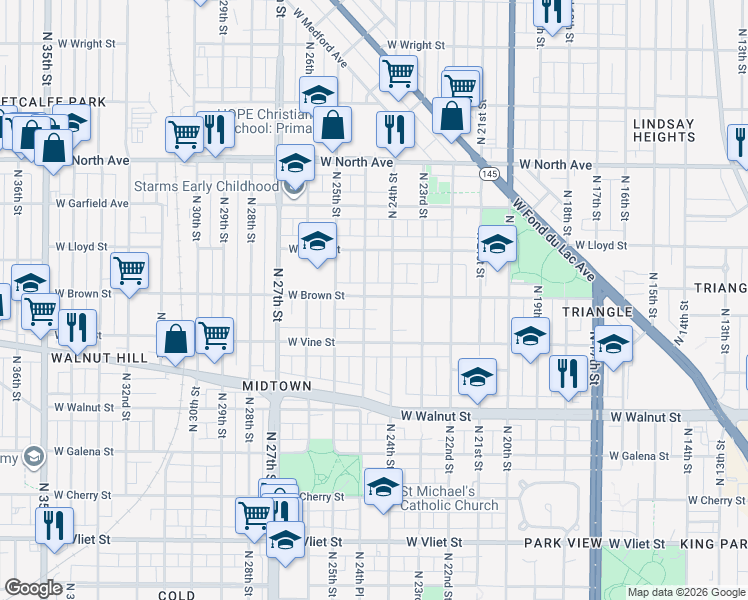 map of restaurants, bars, coffee shops, grocery stores, and more near 2425 West Brown Street in Milwaukee