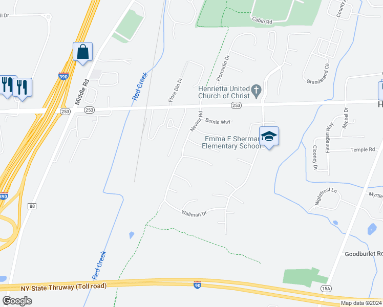 map of restaurants, bars, coffee shops, grocery stores, and more near 142 Prentiss Way in Henrietta