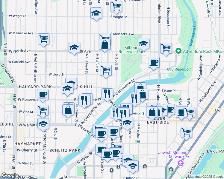 map of restaurants, bars, coffee shops, grocery stores, and more near 522 East Glover Avenue in Milwaukee