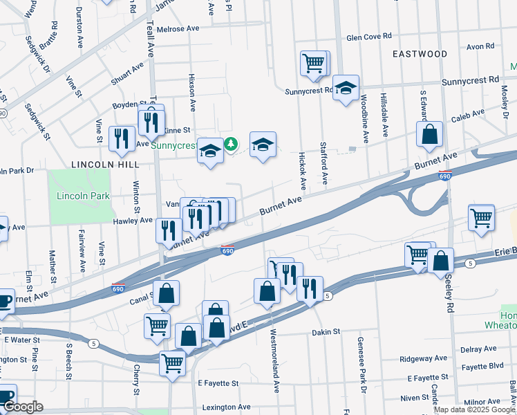 map of restaurants, bars, coffee shops, grocery stores, and more near 1513 Burnet Avenue in Syracuse