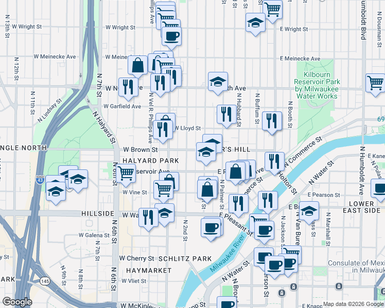 map of restaurants, bars, coffee shops, grocery stores, and more near 1934 North 2nd Street in Milwaukee