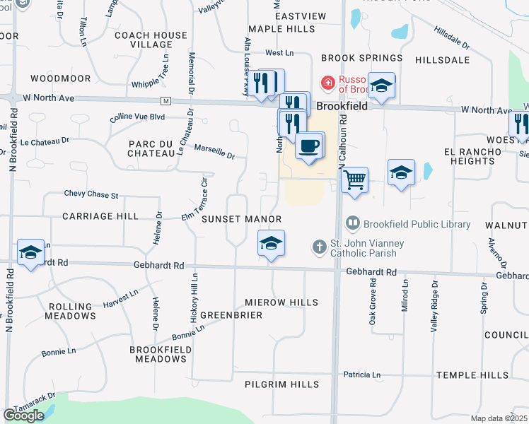 map of restaurants, bars, coffee shops, grocery stores, and more near 1885 Norhardt Drive in Brookfield