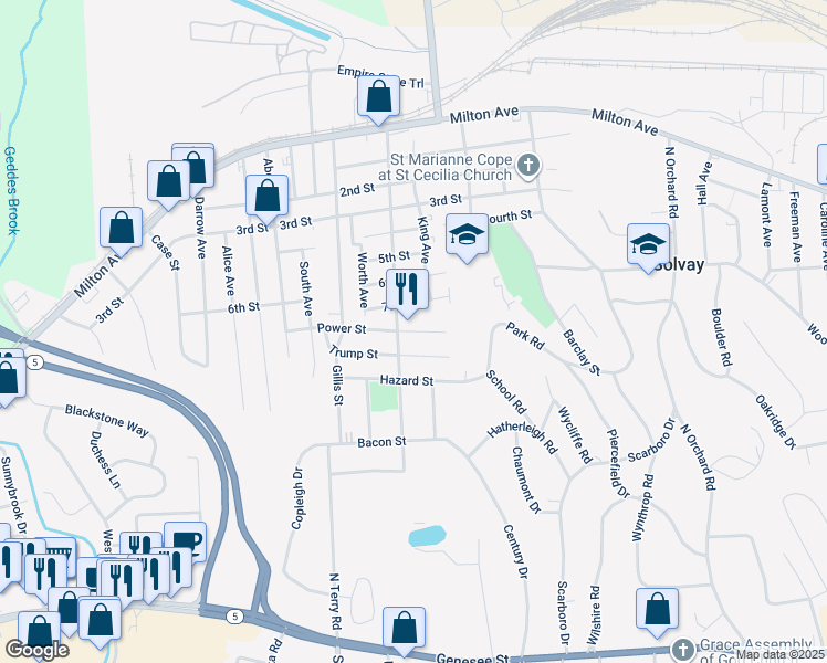 map of restaurants, bars, coffee shops, grocery stores, and more near 124 Power Street in Solvay