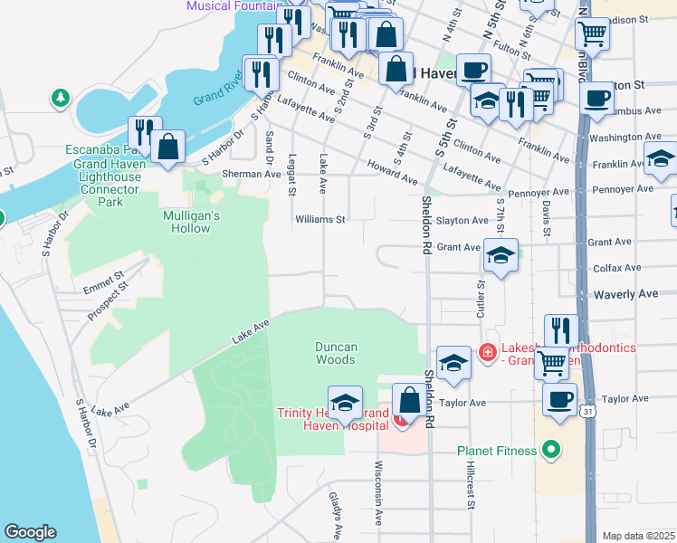 map of restaurants, bars, coffee shops, grocery stores, and more near 824 Lake Avenue in Grand Haven