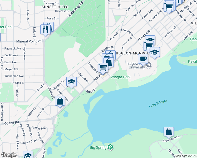 map of restaurants, bars, coffee shops, grocery stores, and more near 2811 Monroe Street in Madison