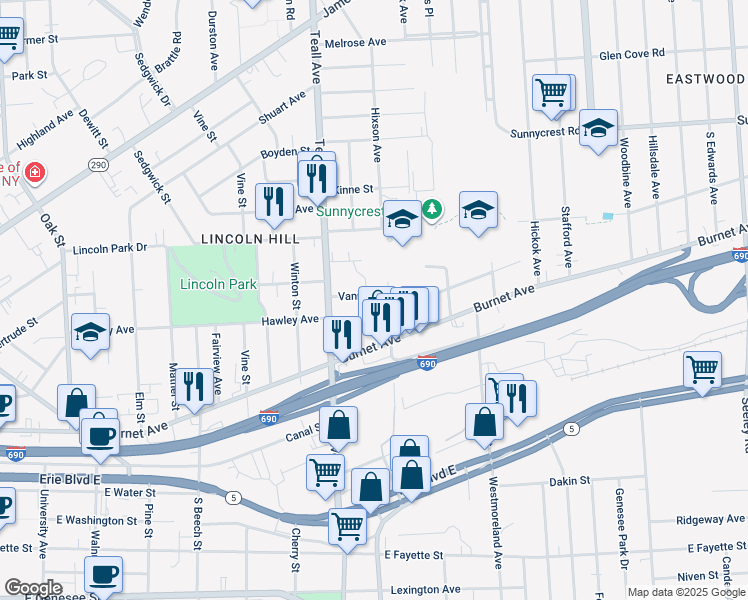 map of restaurants, bars, coffee shops, grocery stores, and more near 146 Vann Street in Syracuse