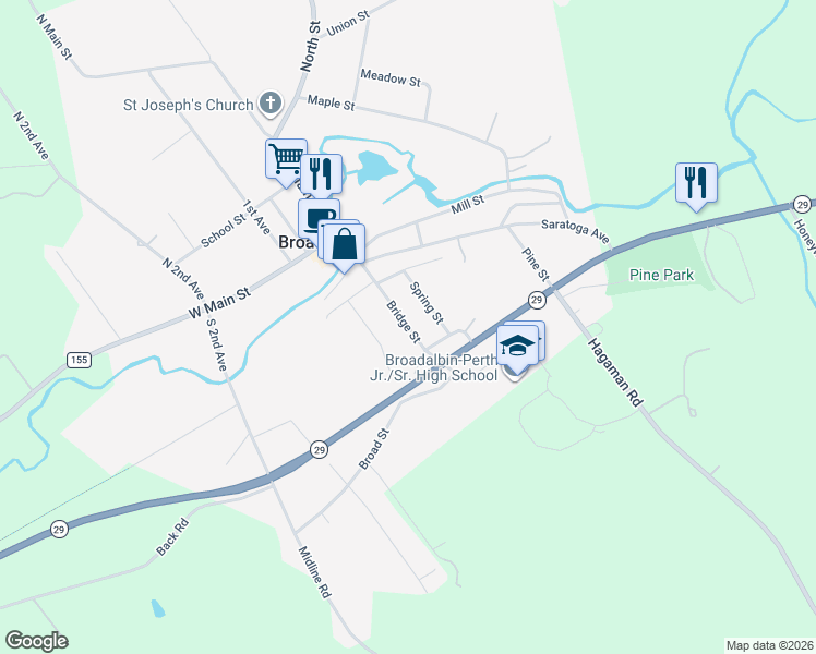 map of restaurants, bars, coffee shops, grocery stores, and more near 62 Bridge Street in Broadalbin