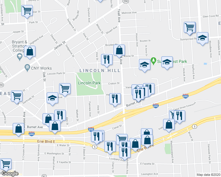 map of restaurants, bars, coffee shops, grocery stores, and more near 425 Winton Street in Syracuse