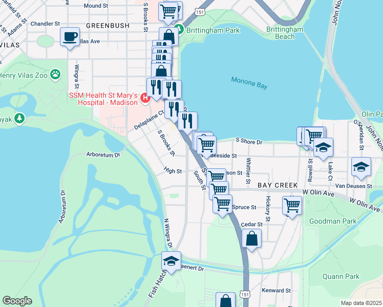 map of restaurants, bars, coffee shops, grocery stores, and more near 1007 Fish Hatchery Road in Madison