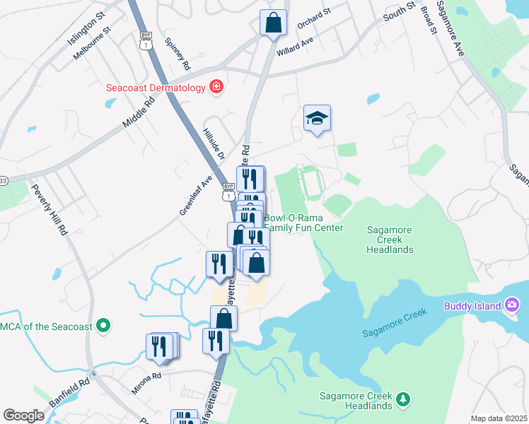 map of restaurants, bars, coffee shops, grocery stores, and more near 104 Ledgewood Drive in Portsmouth