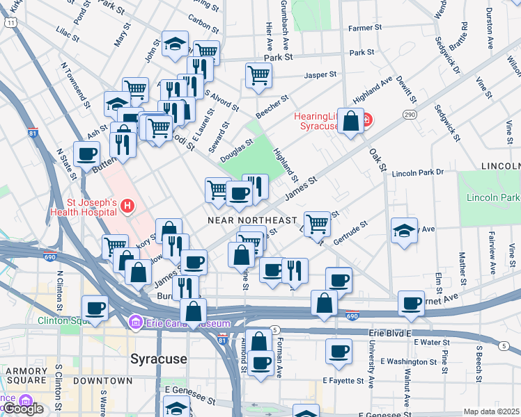 map of restaurants, bars, coffee shops, grocery stores, and more near 775 James Street in Syracuse