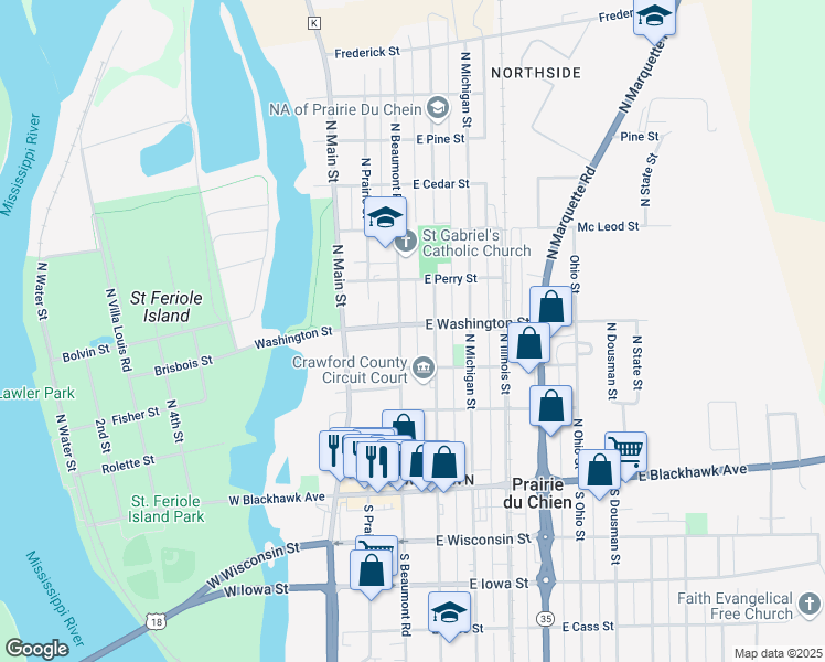 map of restaurants, bars, coffee shops, grocery stores, and more near 106 East Washington Street in Prairie du Chien