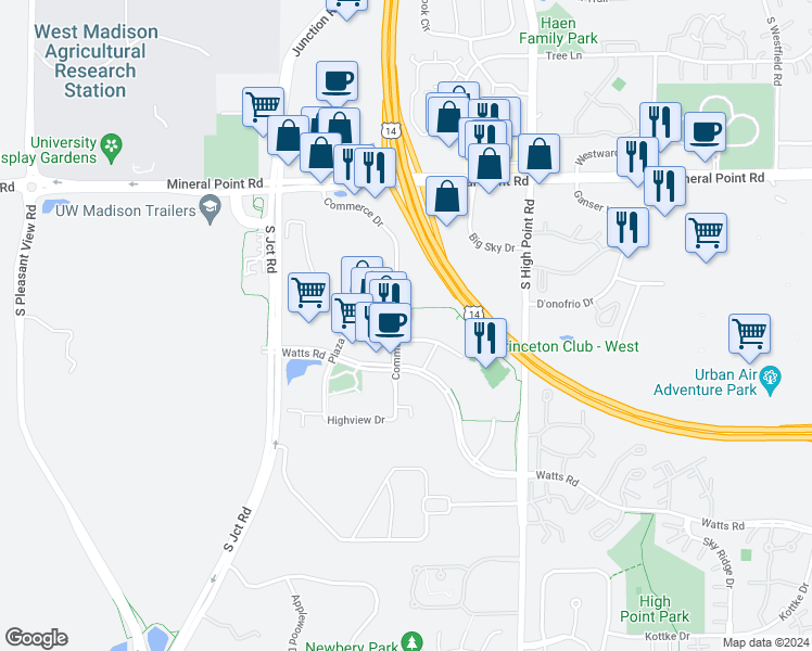 map of restaurants, bars, coffee shops, grocery stores, and more near 479 Commerce Drive in Madison