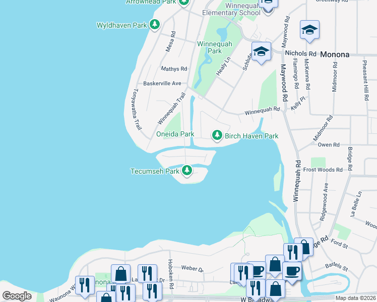 map of restaurants, bars, coffee shops, grocery stores, and more near 1205 Nishishin Trail in Monona