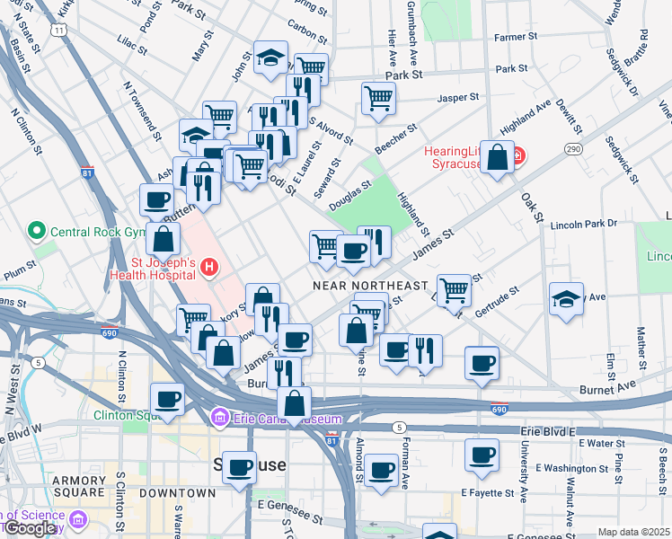 map of restaurants, bars, coffee shops, grocery stores, and more near 709 James Street in Syracuse