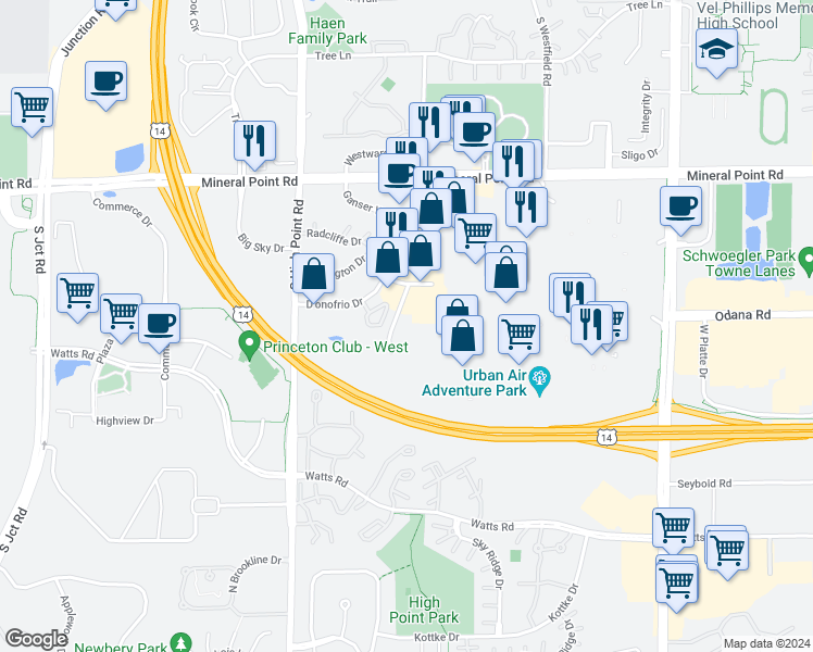 map of restaurants, bars, coffee shops, grocery stores, and more near 545 Zor Shrine Place in Madison