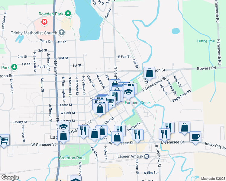 map of restaurants, bars, coffee shops, grocery stores, and more near 548 North Court Street in Lapeer