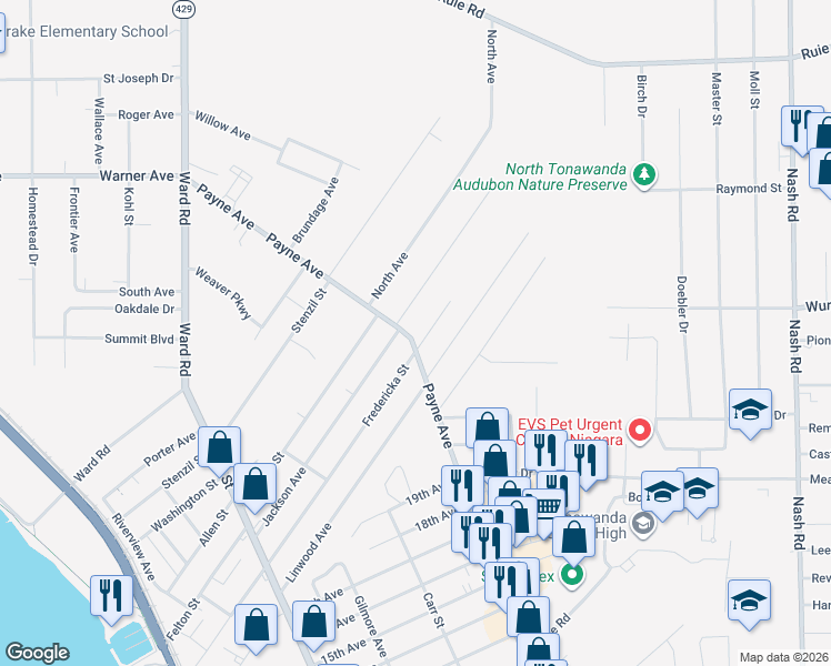 map of restaurants, bars, coffee shops, grocery stores, and more near 1231 Payne Avenue in North Tonawanda