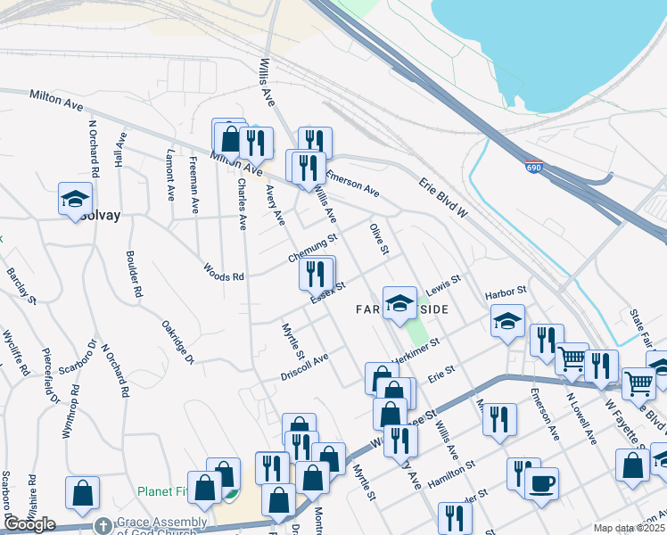 map of restaurants, bars, coffee shops, grocery stores, and more near 199 Coykendall Avenue in Syracuse