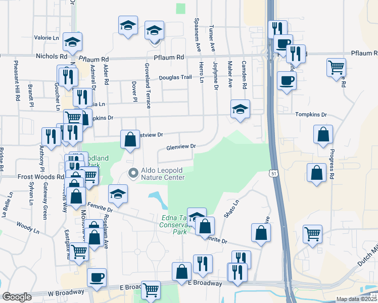 map of restaurants, bars, coffee shops, grocery stores, and more near 818 Woodlawn Drive in Madison
