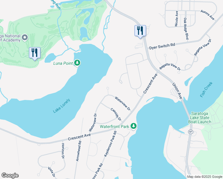 map of restaurants, bars, coffee shops, grocery stores, and more near 51 Waterview Drive in Saratoga Springs