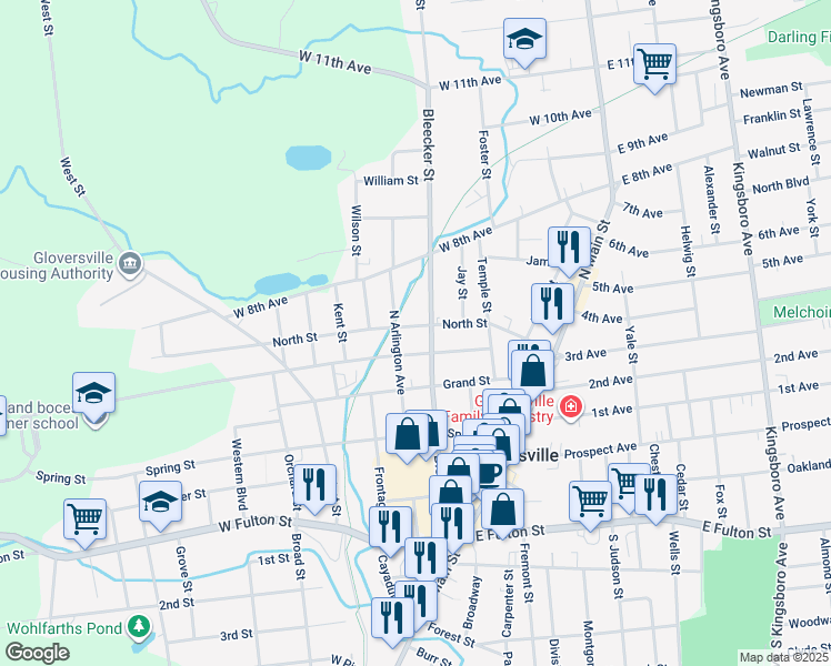 map of restaurants, bars, coffee shops, grocery stores, and more near 161 Bleecker Street in Gloversville
