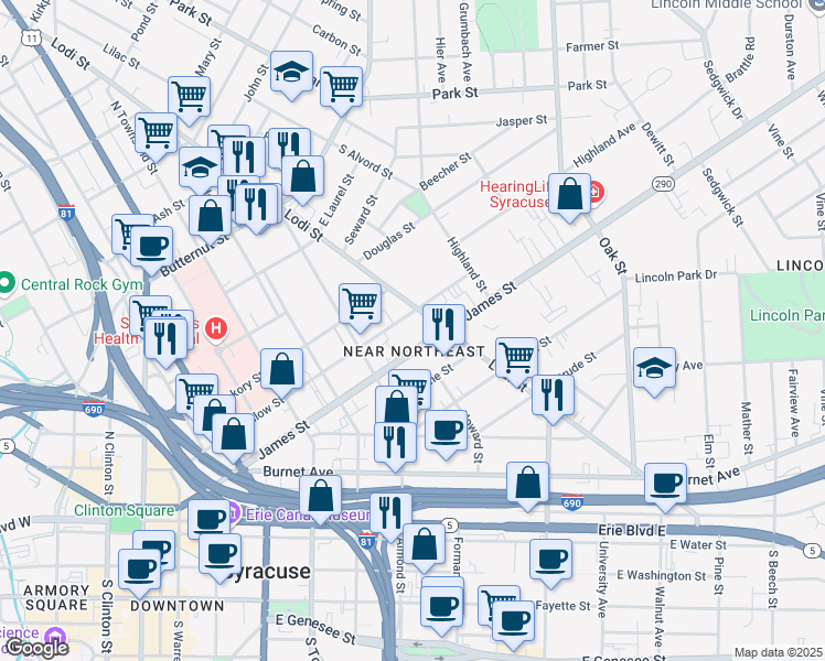 map of restaurants, bars, coffee shops, grocery stores, and more near 753 New York 290 in Syracuse