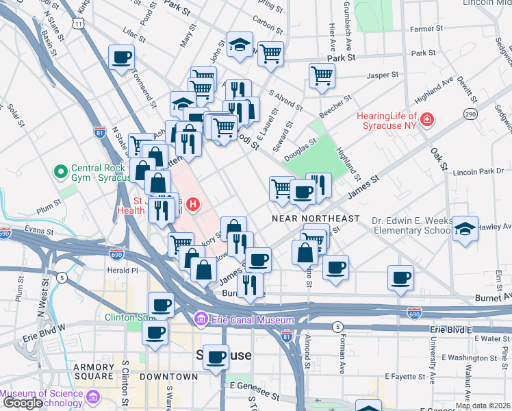 map of restaurants, bars, coffee shops, grocery stores, and more near 601 North Mcbride Street in Syracuse