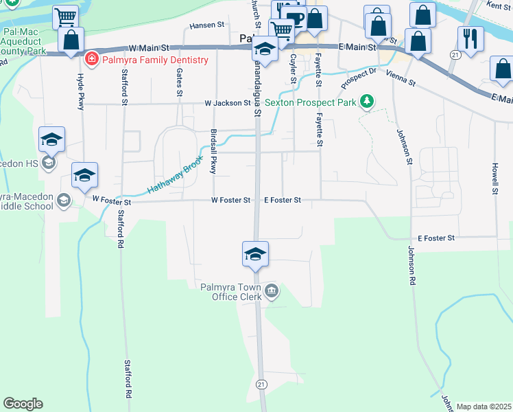 map of restaurants, bars, coffee shops, grocery stores, and more near 420 Canandaigua Street in Palmyra