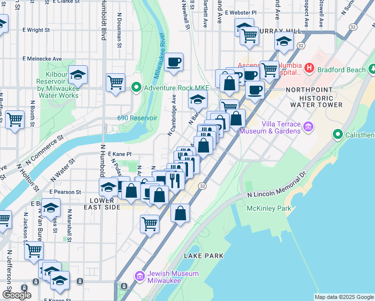 map of restaurants, bars, coffee shops, grocery stores, and more near in Milwaukee