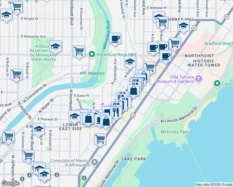 map of restaurants, bars, coffee shops, grocery stores, and more near 1864 North Cambridge Avenue in Milwaukee