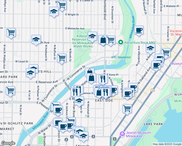 map of restaurants, bars, coffee shops, grocery stores, and more near 1888 North Water Street in Milwaukee