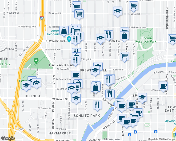 map of restaurants, bars, coffee shops, grocery stores, and more near 1934 North 2nd Street in Milwaukee