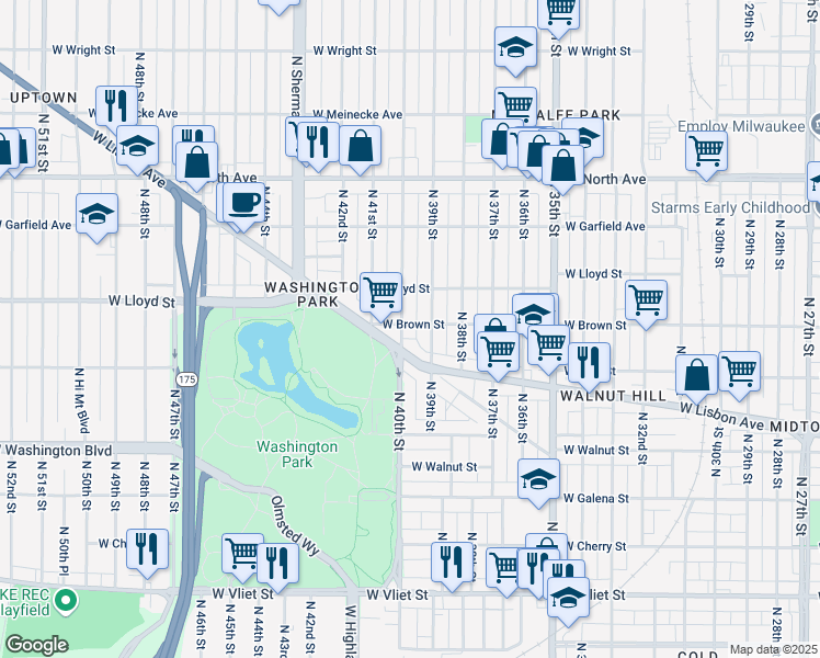 map of restaurants, bars, coffee shops, grocery stores, and more near 1948 North 40th Street in Milwaukee