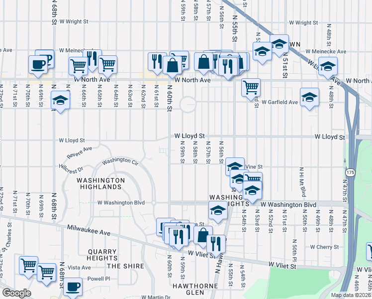 map of restaurants, bars, coffee shops, grocery stores, and more near 1927 North 58th Street in Milwaukee