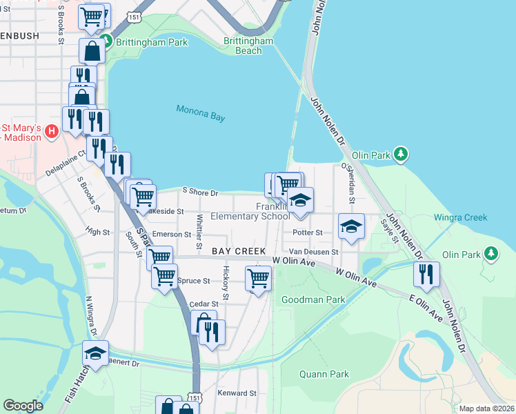 map of restaurants, bars, coffee shops, grocery stores, and more near 413 West Lakeside Street in Madison