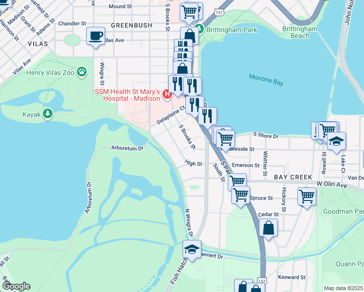 map of restaurants, bars, coffee shops, grocery stores, and more near 930 High Street in Madison