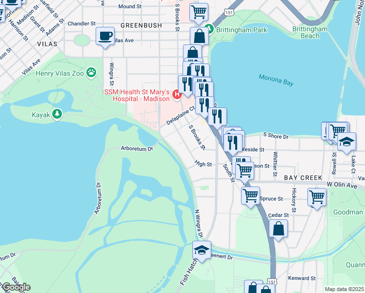 map of restaurants, bars, coffee shops, grocery stores, and more near 930 High Street in Madison