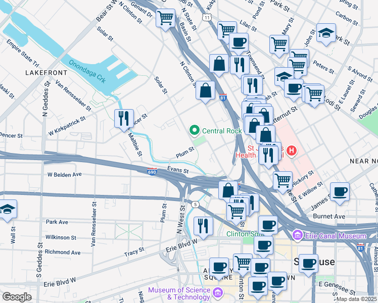 map of restaurants, bars, coffee shops, grocery stores, and more near 528 Plum Street in Syracuse
