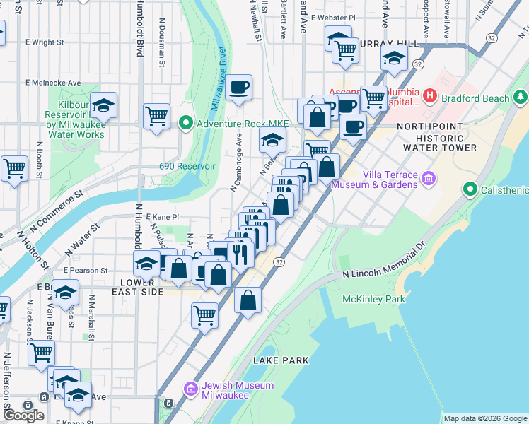 map of restaurants, bars, coffee shops, grocery stores, and more near 1934 North Oakland Avenue in Milwaukee
