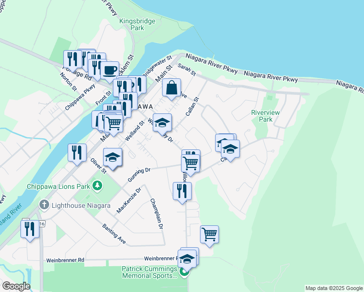 map of restaurants, bars, coffee shops, grocery stores, and more near 8422 Willoughby Drive in Niagara Falls