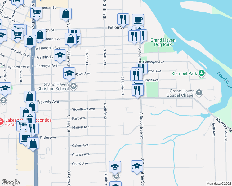 map of restaurants, bars, coffee shops, grocery stores, and more near 1317 Waverly Avenue in Grand Haven