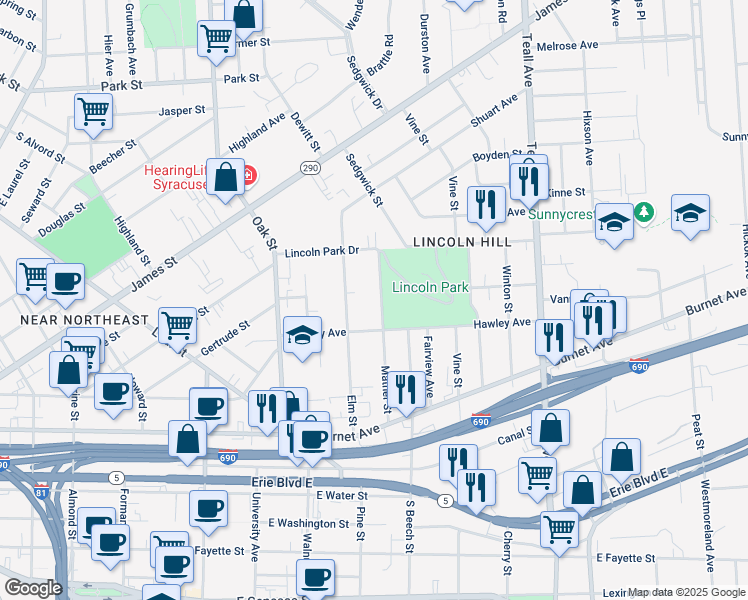 map of restaurants, bars, coffee shops, grocery stores, and more near 231 Mather Street in Syracuse