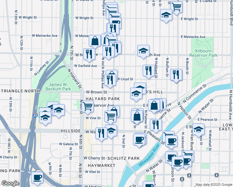 map of restaurants, bars, coffee shops, grocery stores, and more near 1934 North Doctor Martin Luther King Junior Drive in Milwaukee