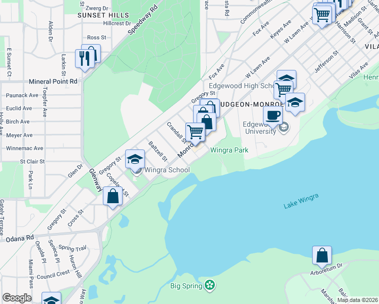 map of restaurants, bars, coffee shops, grocery stores, and more near 2801 Monroe Street in Madison