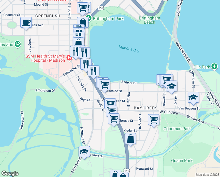 map of restaurants, bars, coffee shops, grocery stores, and more near 826 West Lakeside Street in Madison