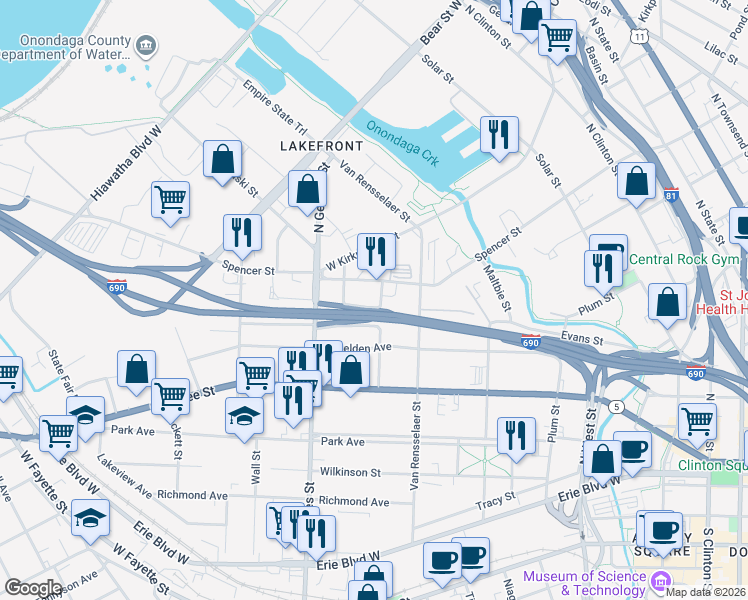 map of restaurants, bars, coffee shops, grocery stores, and more near 303 Sand Street in Syracuse