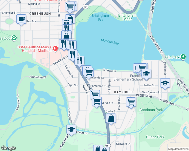 map of restaurants, bars, coffee shops, grocery stores, and more near 822 West Lakeside Street in Madison