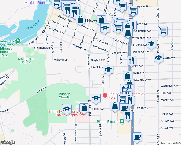 map of restaurants, bars, coffee shops, grocery stores, and more near 800 Sheldon Road in Grand Haven